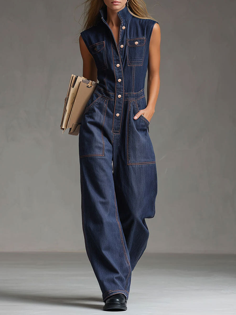 Dark blue denim women's sleeveless balloon jumpsuit with multiple pockets and wide-leg pants, featuring a relaxed fit and casual style.
