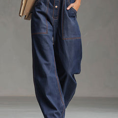 Dark blue denim sleeveless jumpsuit with multi-pocket design and balloon-style legs, women's pants by My Store.