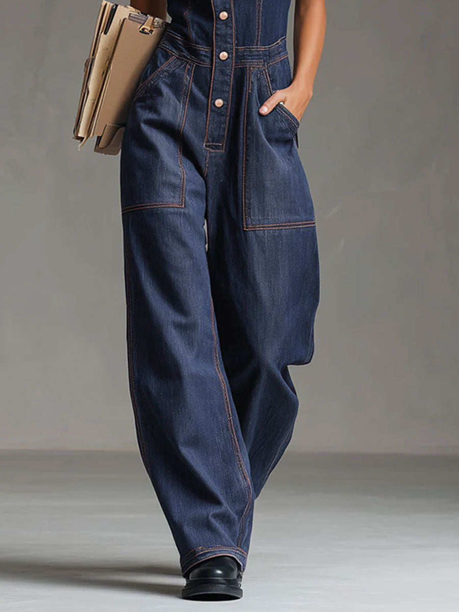 Dark blue denim sleeveless jumpsuit with multi-pocket design and balloon-style legs, women's pants by My Store.