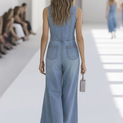 Light blue denim sleeveless raw edge wide-leg jumpsuit for women, featuring a relaxed fit and stylish design.