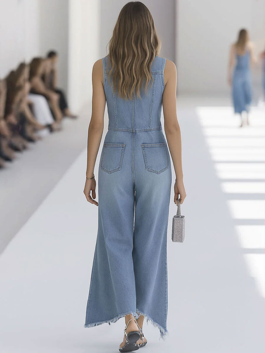 Light blue denim sleeveless raw edge wide-leg jumpsuit for women, featuring a relaxed fit and stylish design.