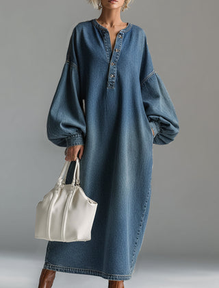 Blue denim maxi dress from My Store featuring a flowing silhouette, sleeveless design, and casual yet elegant style.