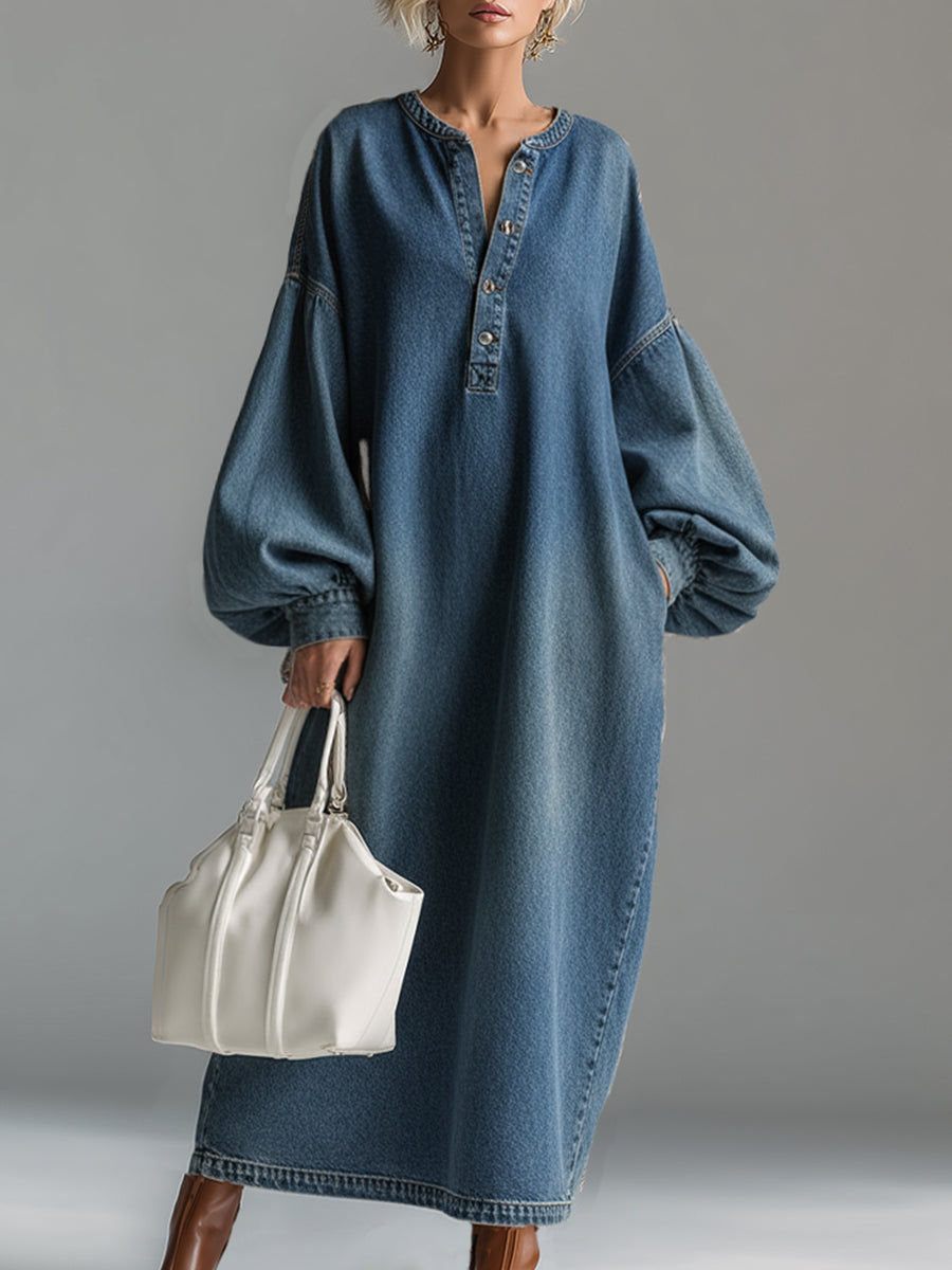 Blue denim maxi dress from My Store featuring a flowing silhouette, sleeveless design, and casual yet elegant style.