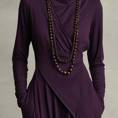 Solid color high-neck long-sleeved casual maxi dress with irregular hem, stylish design by My Store, shown on a model.