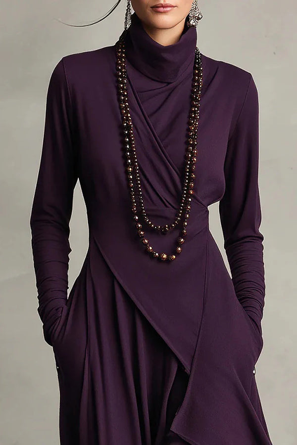 Solid color high-neck long-sleeved casual maxi dress with irregular hem, stylish design by My Store, shown on a model.