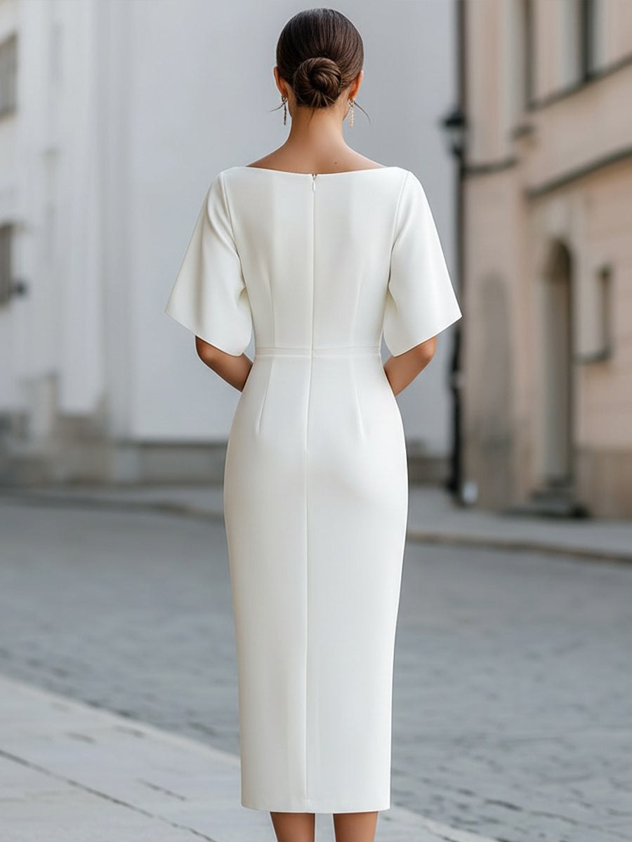 Tammy Bradley boat-neck short-sleeve midi dress for women, featuring a stylish and comfortable design, shown on a model.