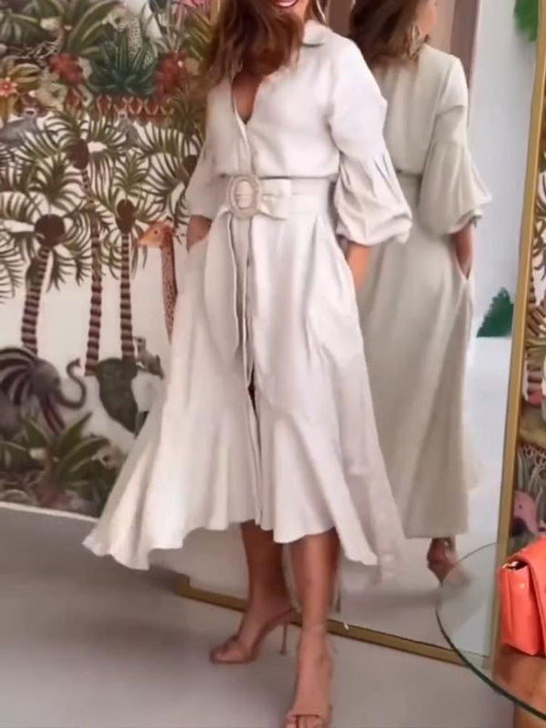 White high-low puff sleeve pleated maxi dress with lapel collar, featuring solid color and elegant design.