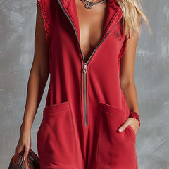 Raspberry red cotton hooded zip-front jumpsuit for women, casual pants with a front zipper and hood, stylish and comfortable.