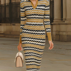 Retro chevron print polo-collar knit midi dress from My Store, perfect for summer business attire, featuring a stylish and comfortable design.