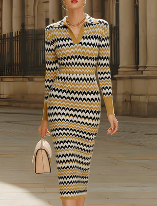 Retro chevron print polo-collar knit midi dress from My Store, perfect for summer business attire, featuring a stylish and comfortable design.