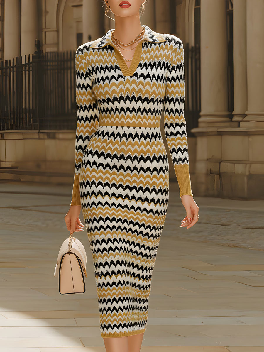 Retro chevron print polo-collar knit midi dress from My Store, perfect for summer business attire, featuring a stylish and comfortable design.
