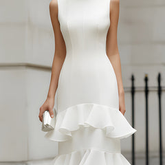 Sleeveless tiered ruffle midi dress from My Store, featuring layered fabric and a flowing silhouette, suitable for summer wear.