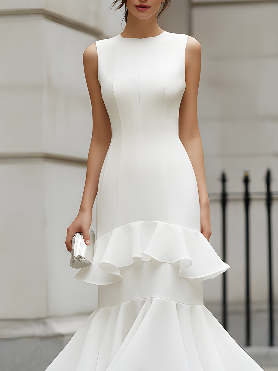 Sleeveless tiered ruffle midi dress from My Store, featuring layered fabric and a flowing silhouette, suitable for summer wear.