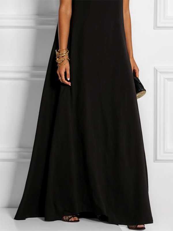White sleeveless maxi dress with split-joint design, round neckline, and hollow solid color from My Store.