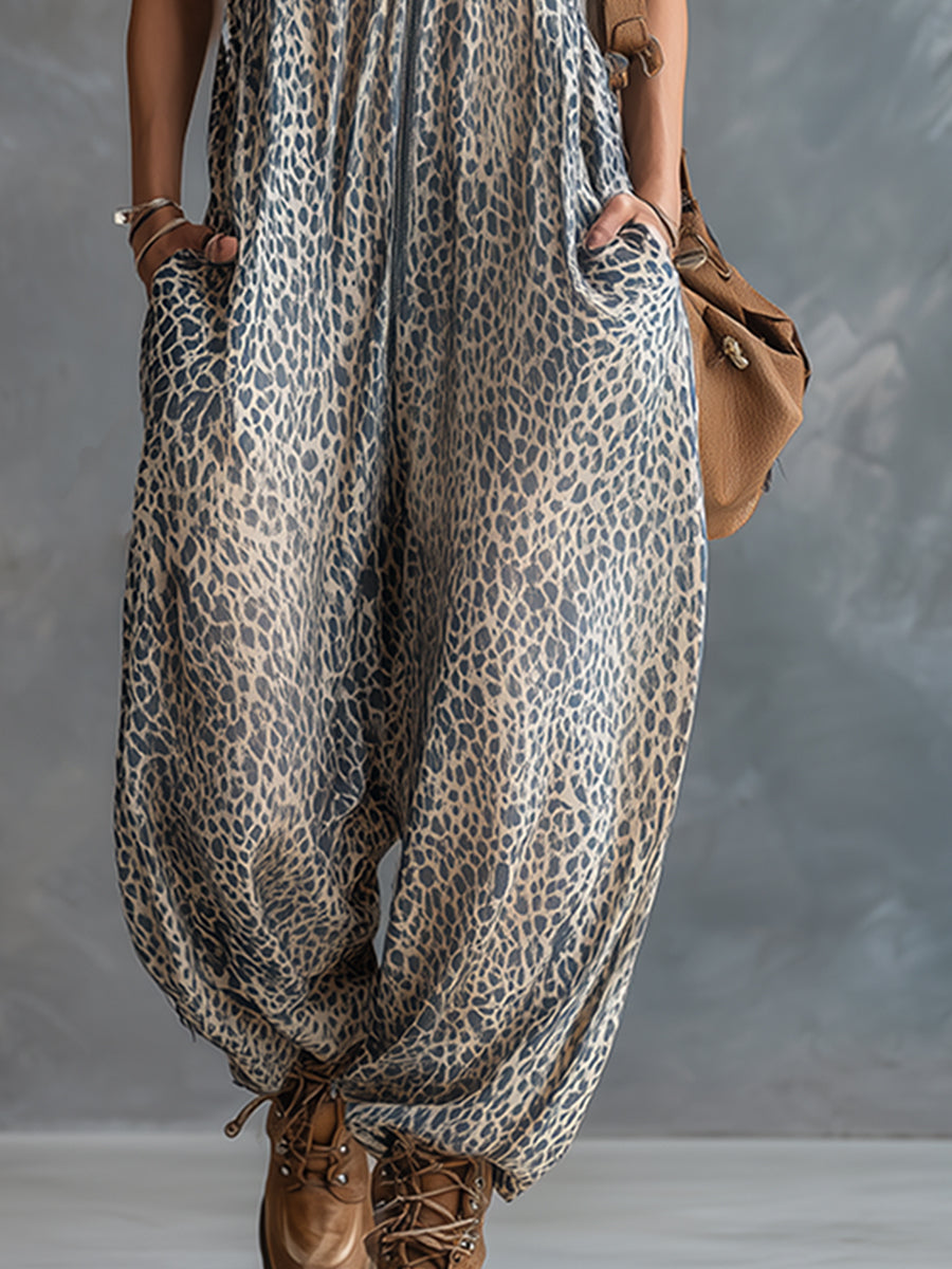Apricot leopard print hooded chiffon jumpsuit for women, stylish and lightweight pants with a relaxed fit.
