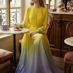 My Store high waisted long sleeve maxi dress with belt, contrast color gradient, pleated split-joint, and round neck design.