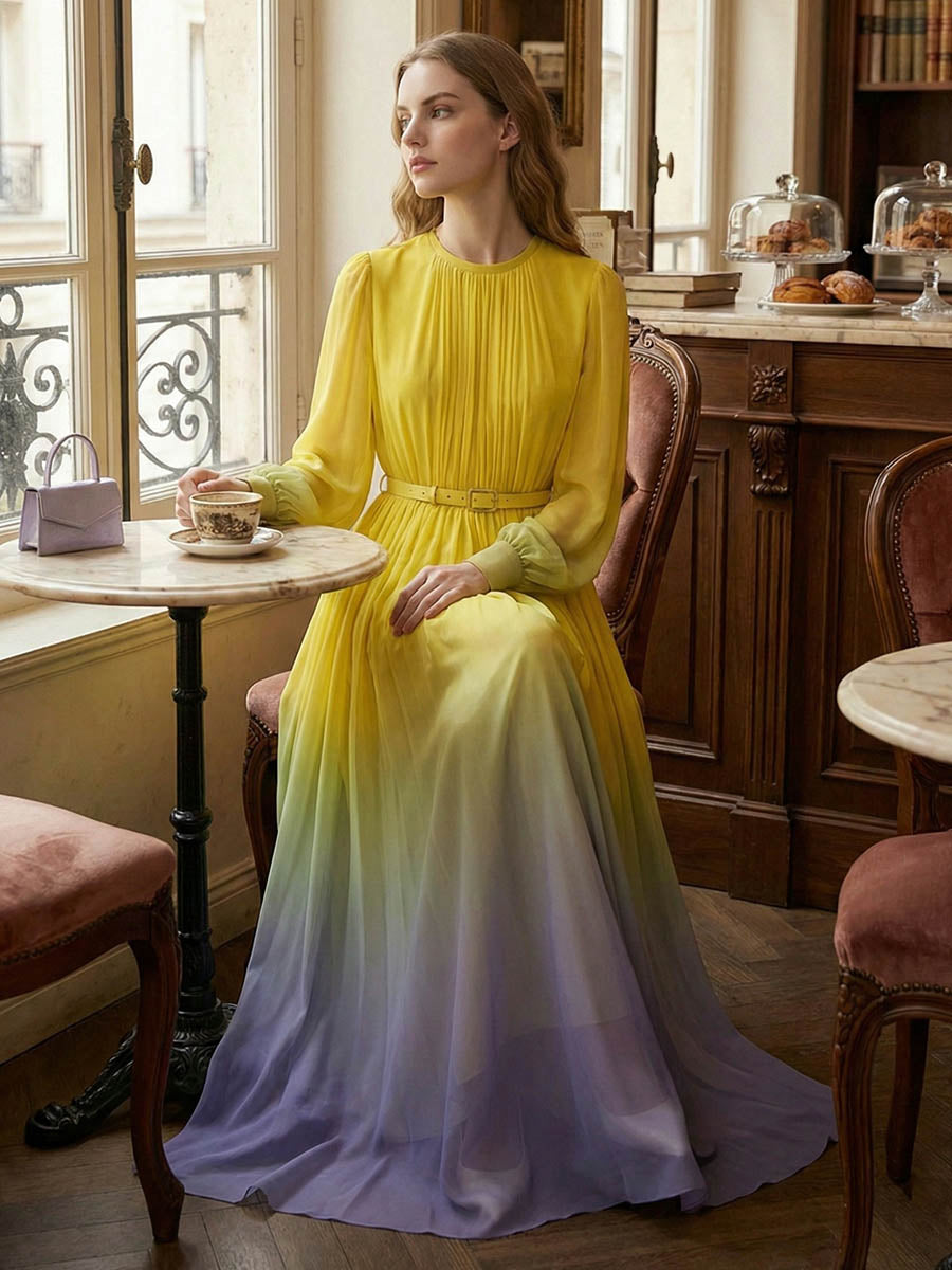 My Store high waisted long sleeve maxi dress with belt, contrast color gradient, pleated split-joint, and round neck design.
