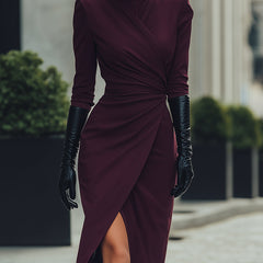 Deep burgundy draped wrap midi dress by My Store, featuring a stylish design perfect for summer business occasions.