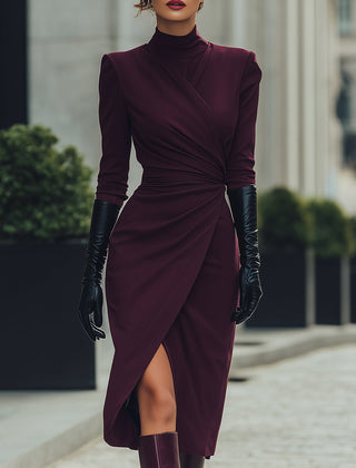 Deep burgundy draped wrap midi dress by My Store, featuring a stylish design perfect for summer business occasions.
