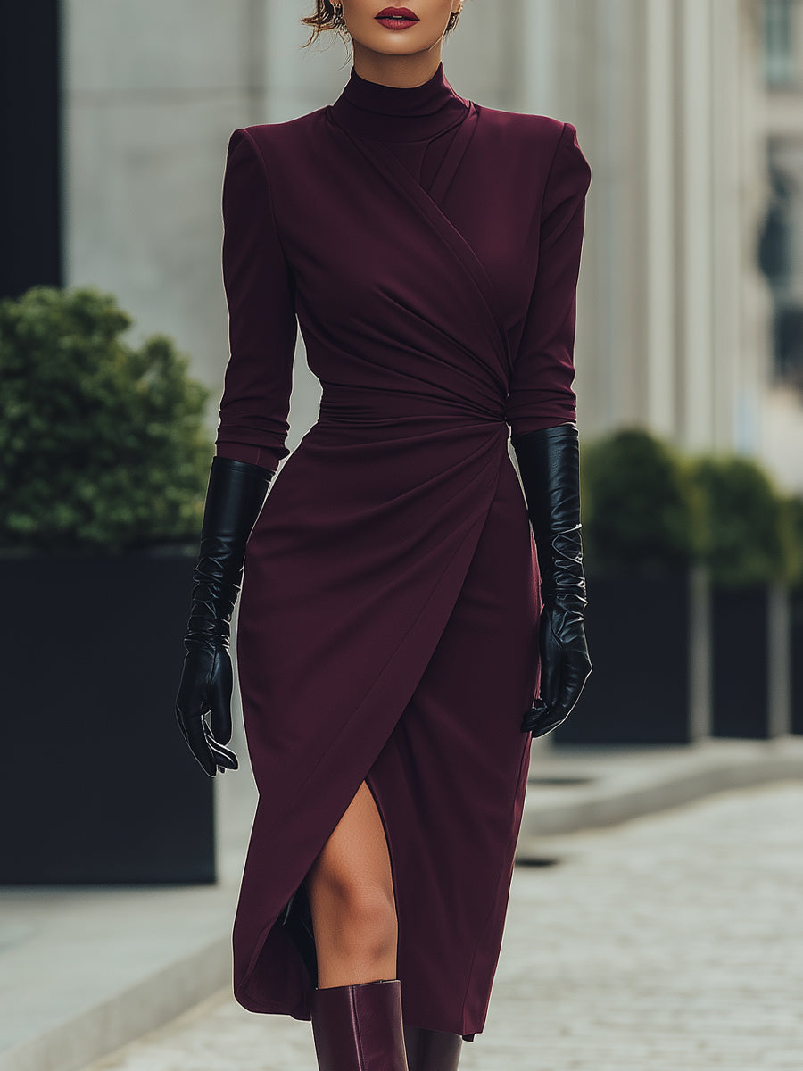 Deep burgundy draped wrap midi dress by My Store, featuring a stylish design perfect for summer business occasions.