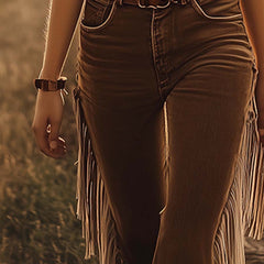 Brown western fringe flared jeans for women, stylish pants with fringe detailing and a flared fit, by My Store.