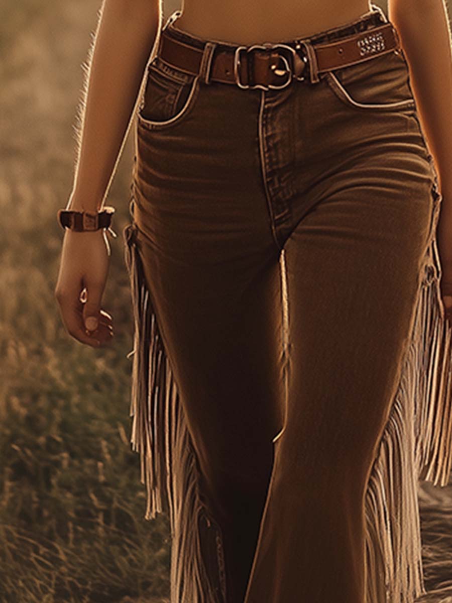 Brown western fringe flared jeans for women, stylish pants with fringe detailing and a flared fit, by My Store.