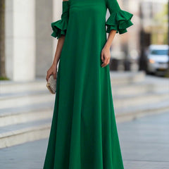 White off-the-shoulder maxi dress with half sleeves, loose fit, solid color, stylish and comfortable for casual or elegant occasions.