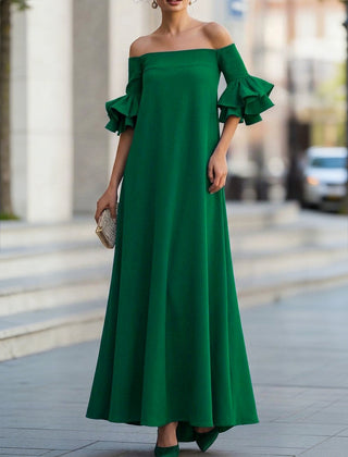 White off-the-shoulder maxi dress with half sleeves, loose fit, solid color, stylish and comfortable for casual or elegant occasions.