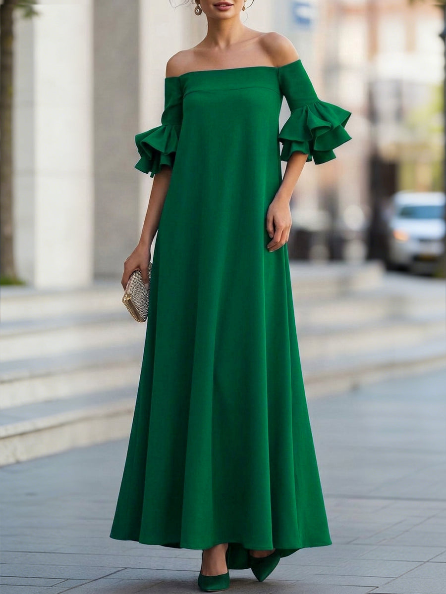 White off-the-shoulder maxi dress with half sleeves, loose fit, solid color, stylish and comfortable for casual or elegant occasions.