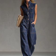Dark blue denim women's sleeveless balloon jumpsuit with multiple pockets, designed as stylish pants by My Store.