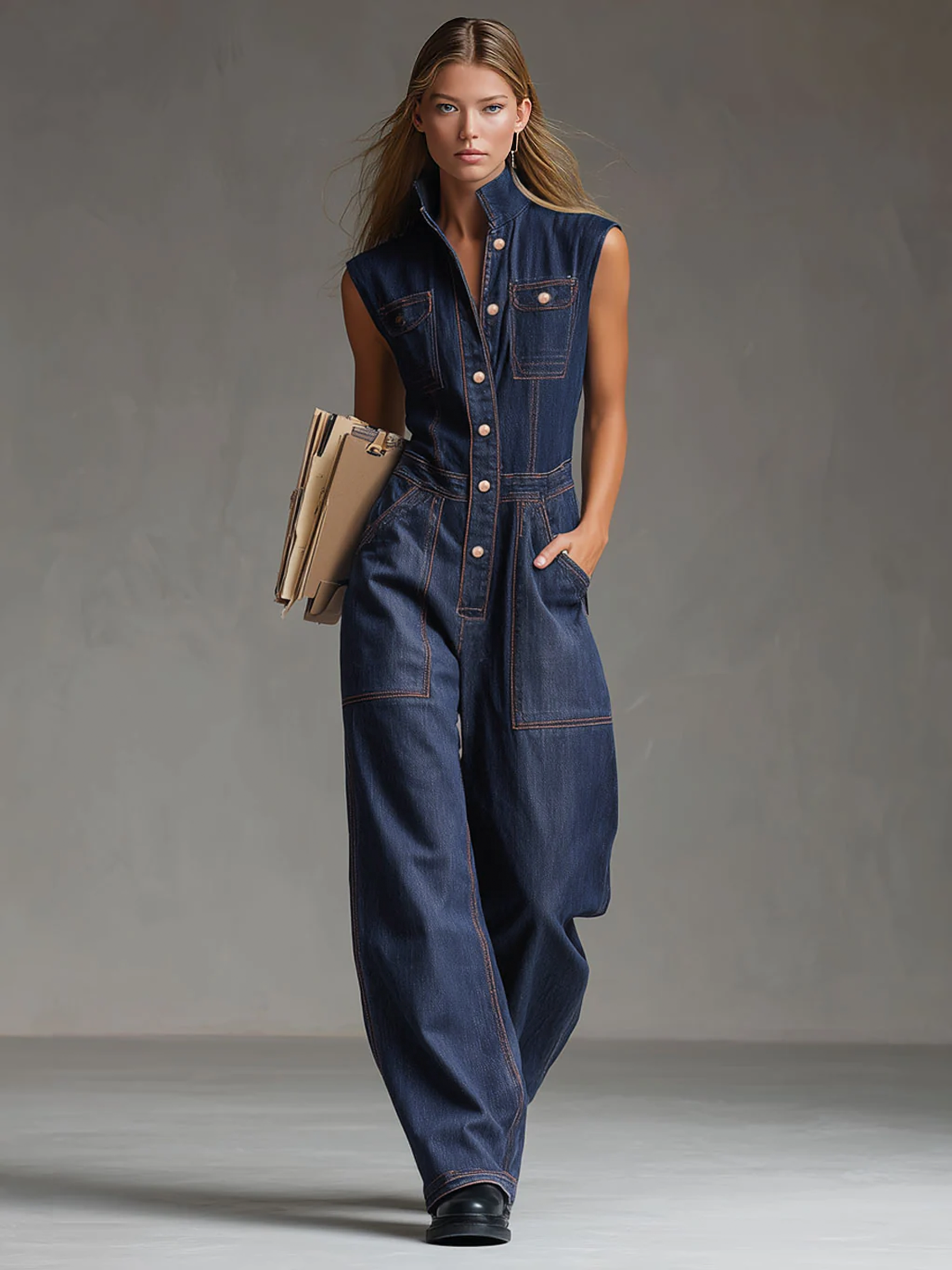 Dark blue denim women's sleeveless balloon jumpsuit with multiple pockets, designed as stylish pants by My Store.