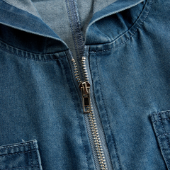 Women’s casual loose fit denim jumpsuit with long sleeves, hood, zipper, and retro pocket design, by My Store.