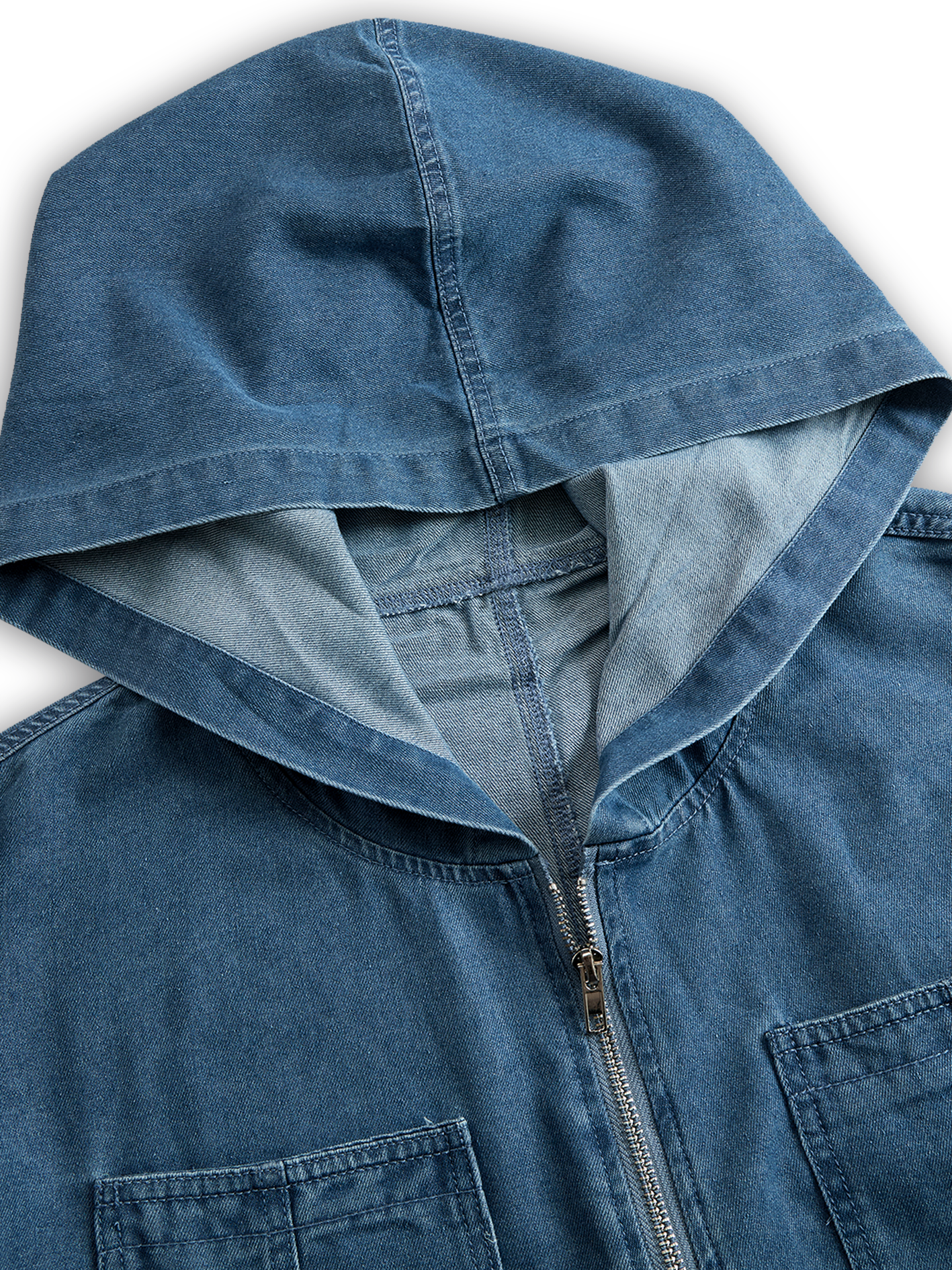 Casual women's denim jumpsuit with long sleeves, hood, zipper, and retro pocket design, perfect for relaxed everyday wear.