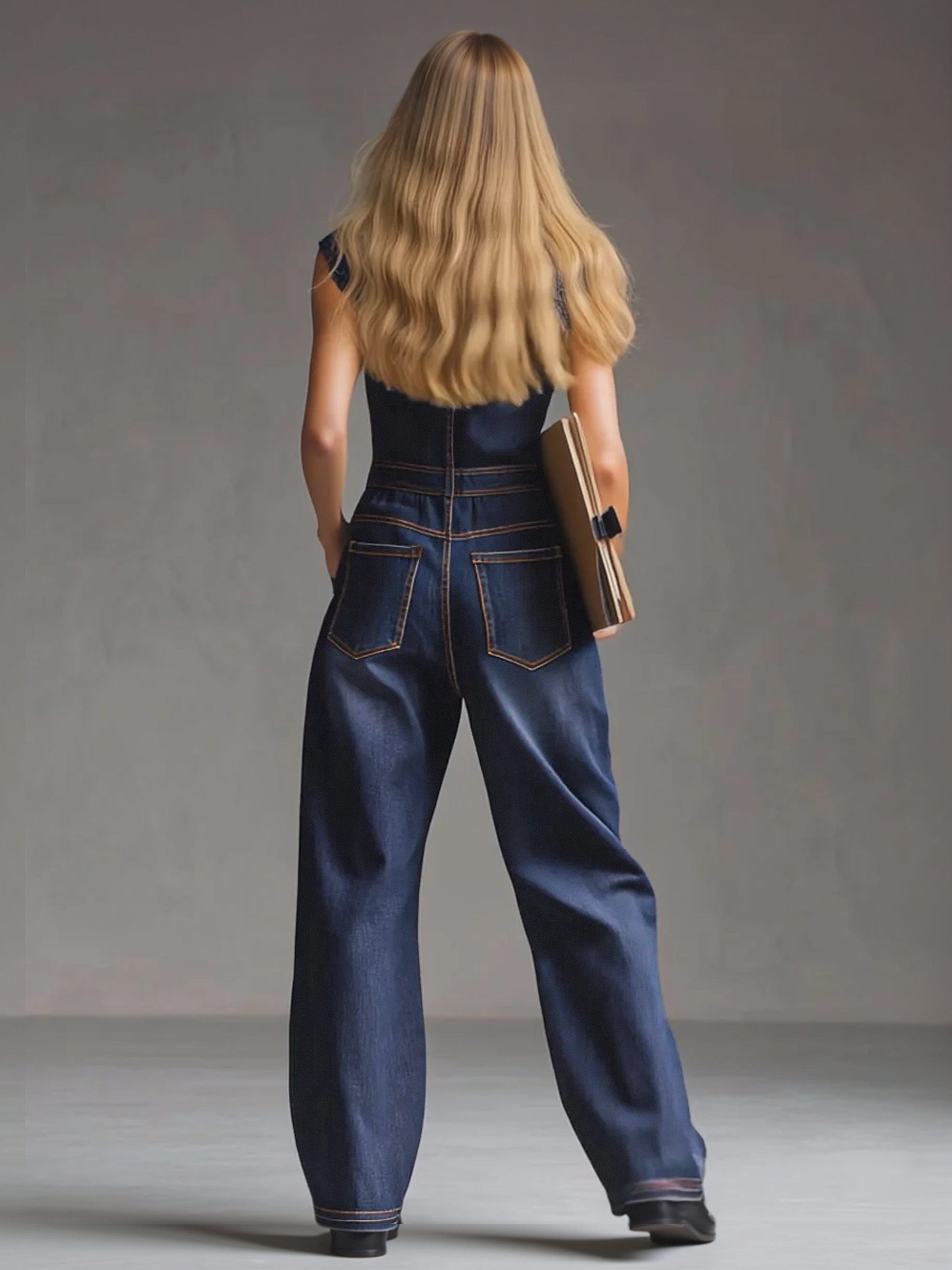 Dark blue denim sleeveless jumpsuit with multiple pockets, balloon pants style for women, featuring a relaxed fit and casual design.
