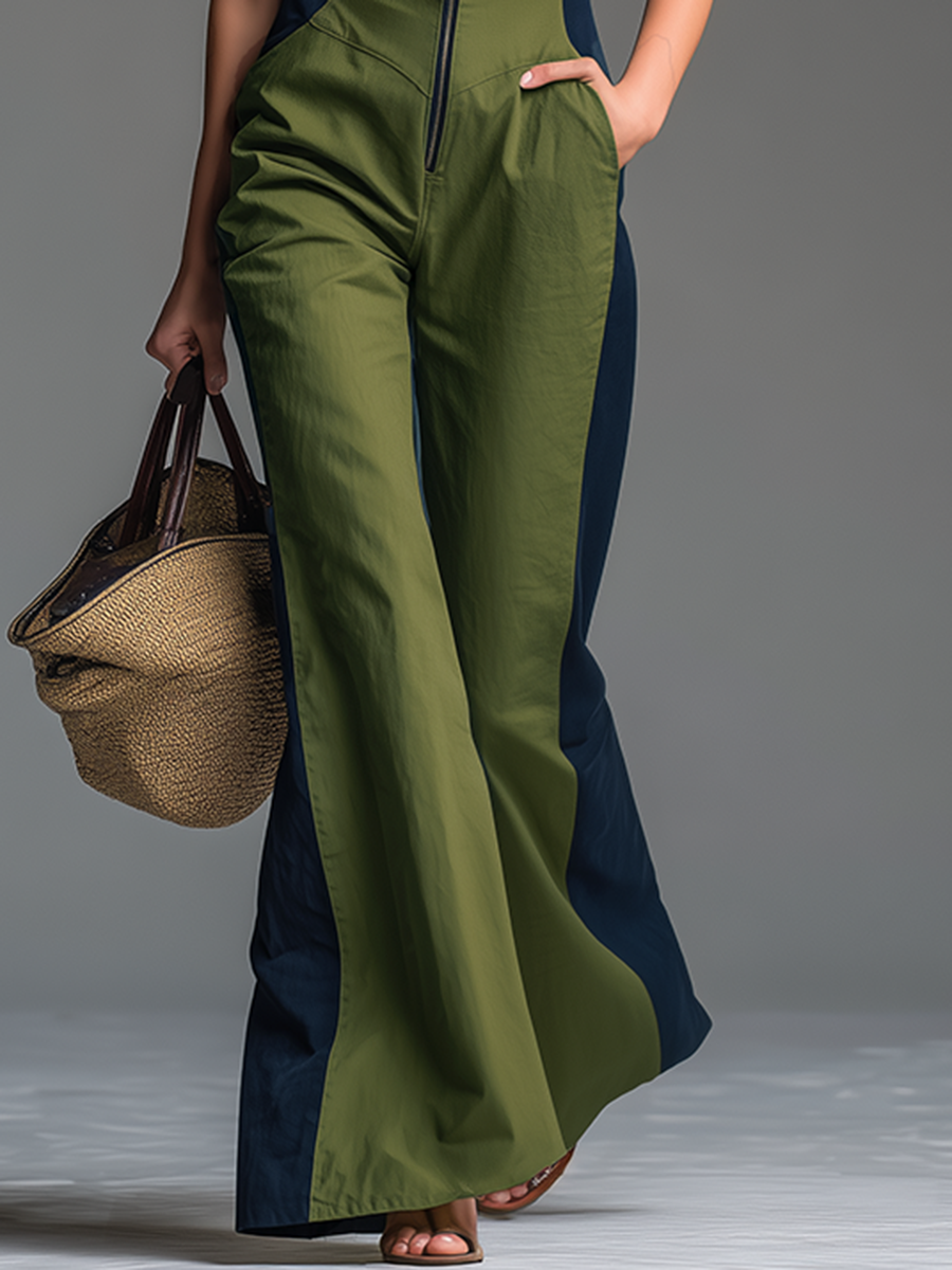 Green sleeveless jumpsuit with stand collar and front zip-up for women, stylish pants from My Store.