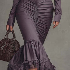 Dusty mauve lace ruched midi dress by My Store featuring elegant evening dress with lace details and a fitted silhouette.