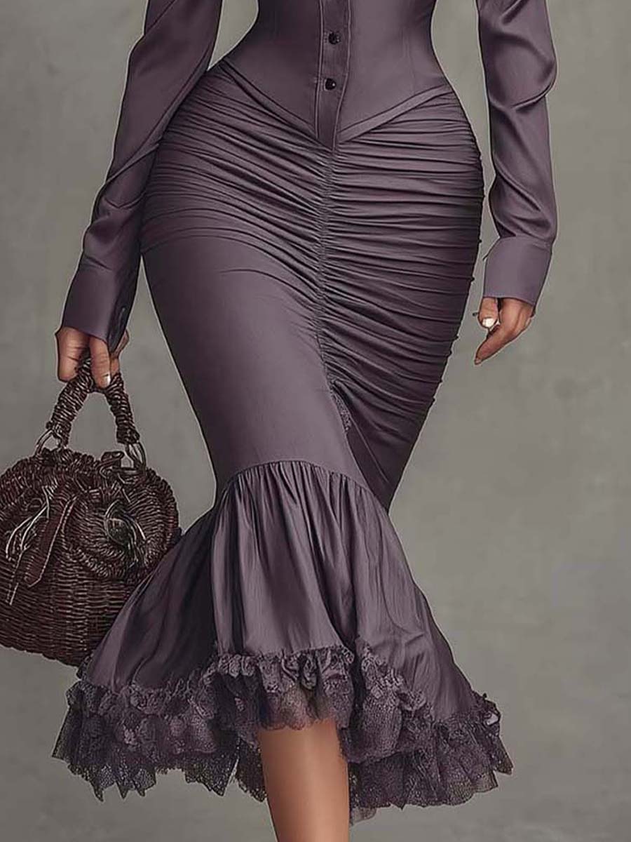 Dusty mauve lace ruched midi dress by My Store featuring elegant evening dress with lace details and a fitted silhouette.