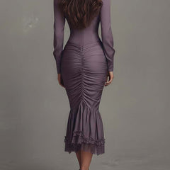 Dusty mauve lace ruched midi dress by My Store, featuring elegant evening dress with intricate lace details and ruched design.