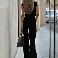 Light blue sleeveless women's two-piece trouser set with patch pockets, stylish and comfortable pants from My Store.