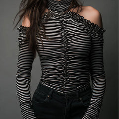 Black striped high neck cold-shoulder ruched T-shirt from My Store, showing the stylish neckline and ruched design.