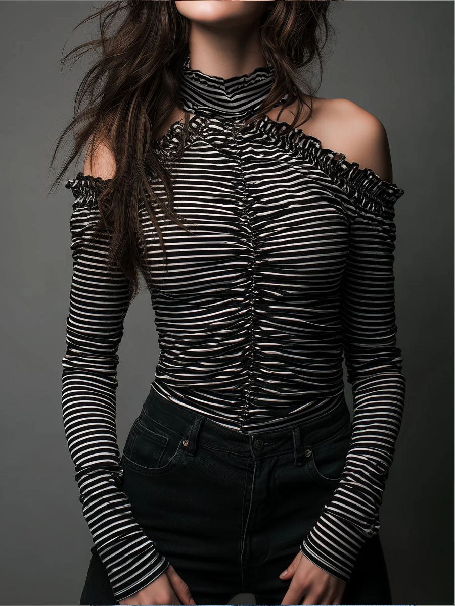 Black striped high neck cold-shoulder ruched T-shirt from My Store, showing the stylish neckline and ruched design.
