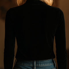 Black velvet long sleeve V-neck top with embroidered details, stylish T-shirt from My Store.