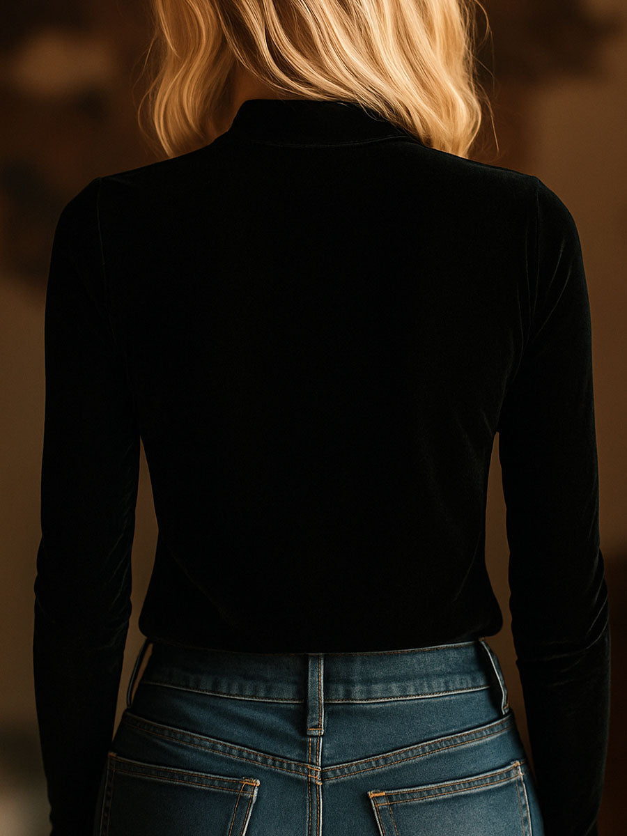 Black velvet long sleeve V-neck top with embroidered details, stylish T-shirt from My Store.