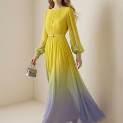 High waisted long sleeves belted contrast color gradient maxi dress with pleats and split-joint round neck by My Store