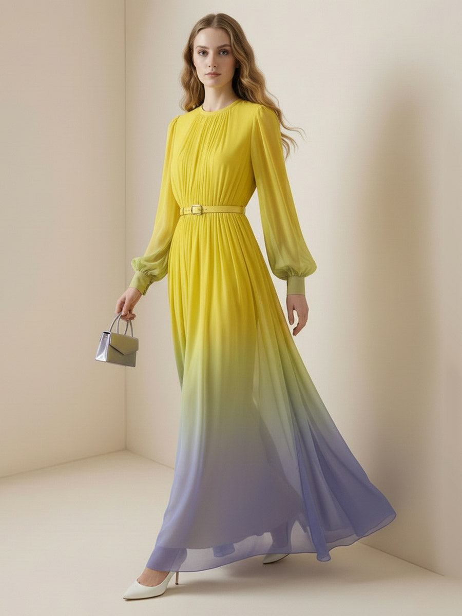 High waisted long sleeves belted contrast color gradient maxi dress with pleats and split-joint round neck by My Store