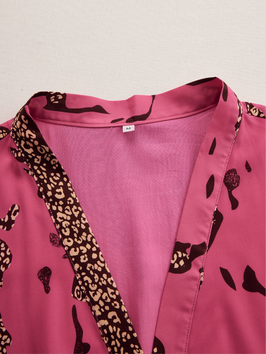 Rose red leopard print chiffon long sleeve jumpsuit for women featuring stylish, flowy fabric and a fashionable design.