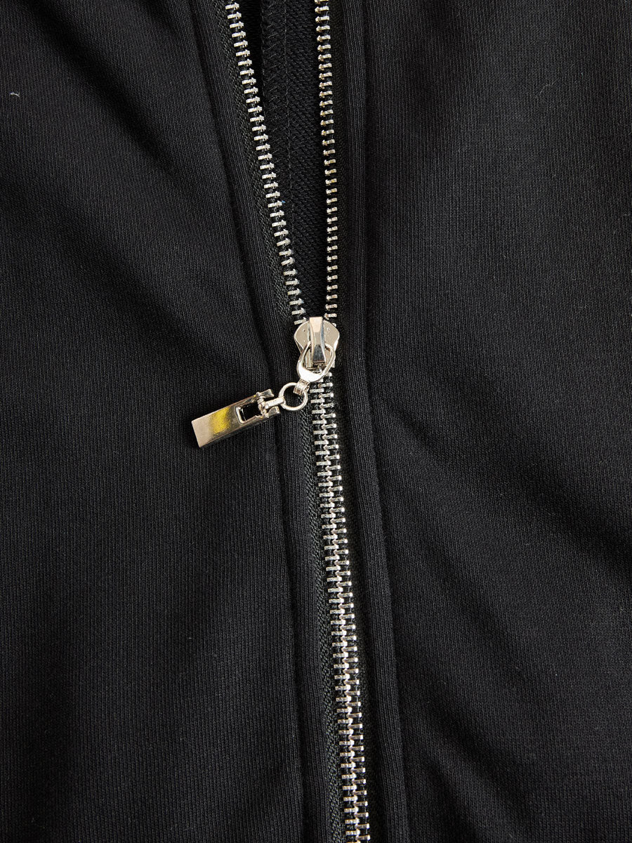 Black striped sleeveless hooded jumpsuit for women, featuring a casual fit and stylish design, displayed on a model.