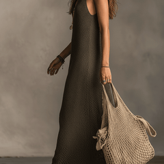 Olive green knit sleeveless maxi dress by My Store, casual style with a flowing silhouette and lightweight fabric.