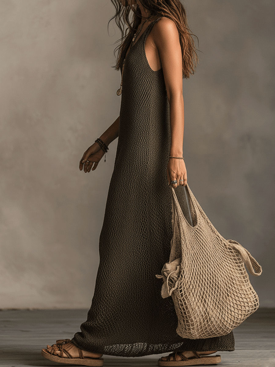 Olive green knit sleeveless maxi dress by My Store, casual style with a flowing silhouette and lightweight fabric.