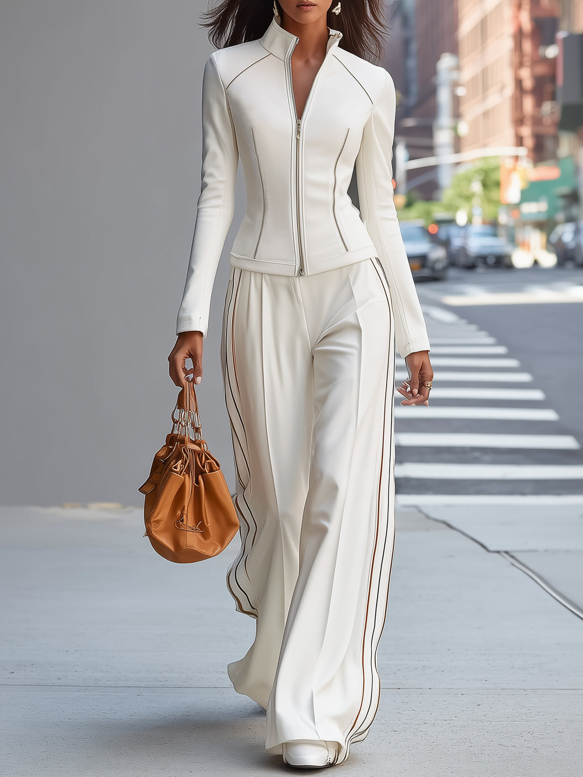White stand collar zip-up wide-leg women's trouser suit with tailored pants and matching top, stylish and modern ensemble.